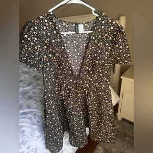 Divided Black Floral Deep V Dress